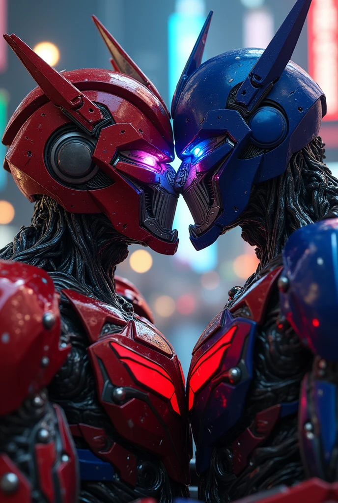 optimus prime and rem, kissing, highly detailed, intricate, photorealistic, 8k, hyperrealistic, cinematic lighting, dramatic composition, stunning colors, vibrant palette, exquisite textures, sharp focus, masterpiece, epic, captivating, emotive, intense, romantic, passionate, beautiful