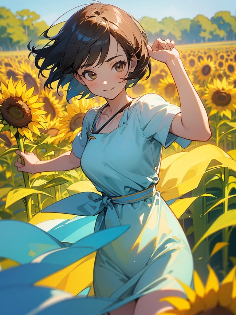  master piece, best quality, for below, cinematic angle, upper body , pigeon toed,  
Anime-style Moe illustration, summer vacation theme, 20-year-old woman, sunflower field, short hair, 
Picnic Maxi Dress, slightly inner thighs, smile, accurate drawing, Active pose, Active Angle, 