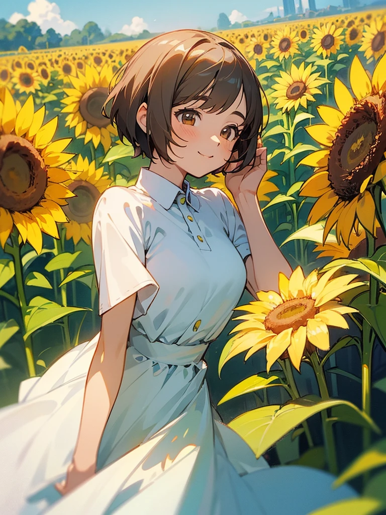master piece, best quality, for below, cinematic angle, upper body , pigeon toed,
Anime-style Moe illustration, summer vacation theme, 20-year-old woman, sunflower field, short hair,
Picnic Maxi Dress, slightly inner thighs, smile, accurate drawing, Active pose, Active Angle,