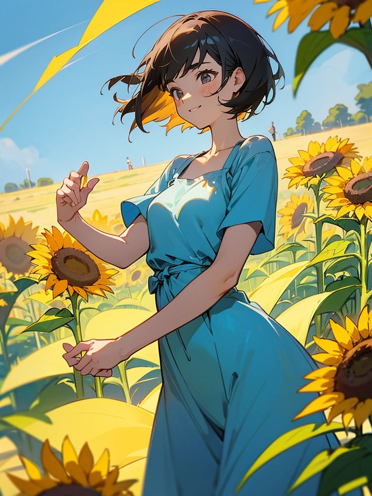 master piece, best quality, for below, cinematic angle, upper body , pigeon toed,
Anime-style Moe illustration, summer vacation theme, 20-year-old woman, sunflower field, short hair,
Picnic Maxi Dress, slightly inner thighs, smile, accurate drawing, Active pose, Active Angle,