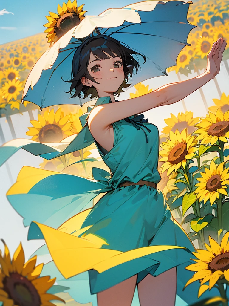  master piece, best quality, for below, cinematic angle, upper body , pigeon toed,  
Anime-style Moe illustration, summer vacation theme, 20-year-old woman, sunflower field, short hair, 
Picnic Maxi Dress, slightly inner thighs, smile, accurate drawing, Active pose, Active Angle, 