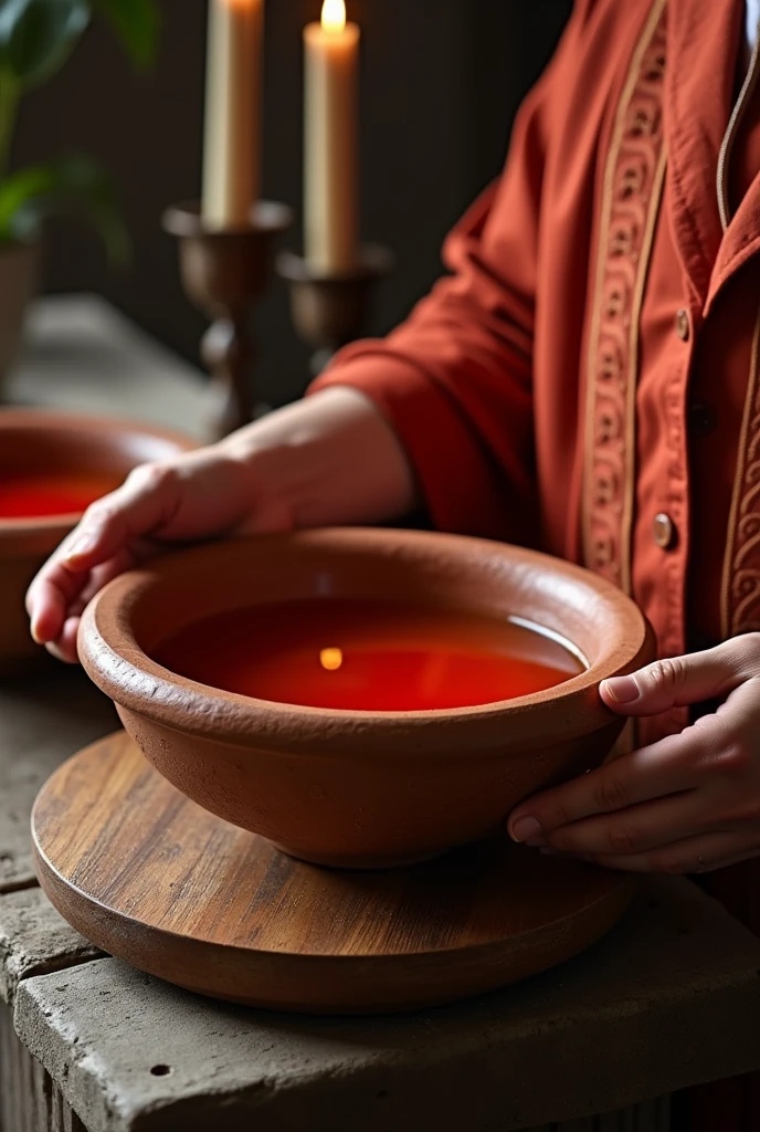  Redish waterin a clay bowl held by a priest on an altar