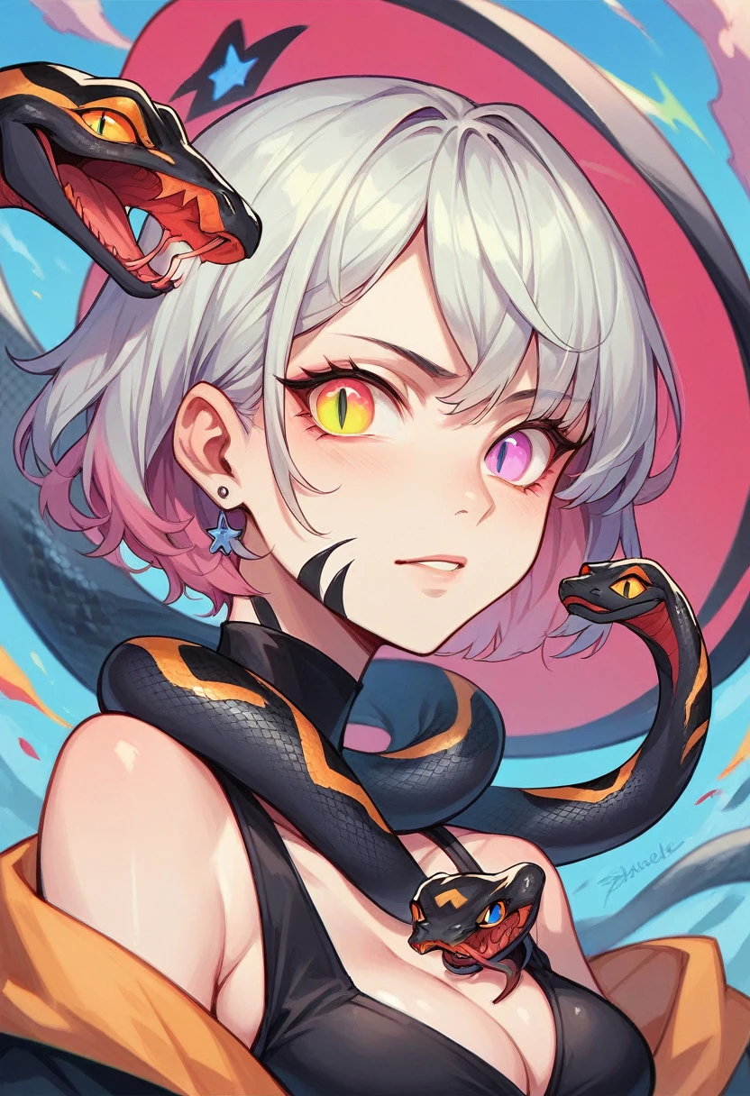 A black snake with colorful eye in S shape