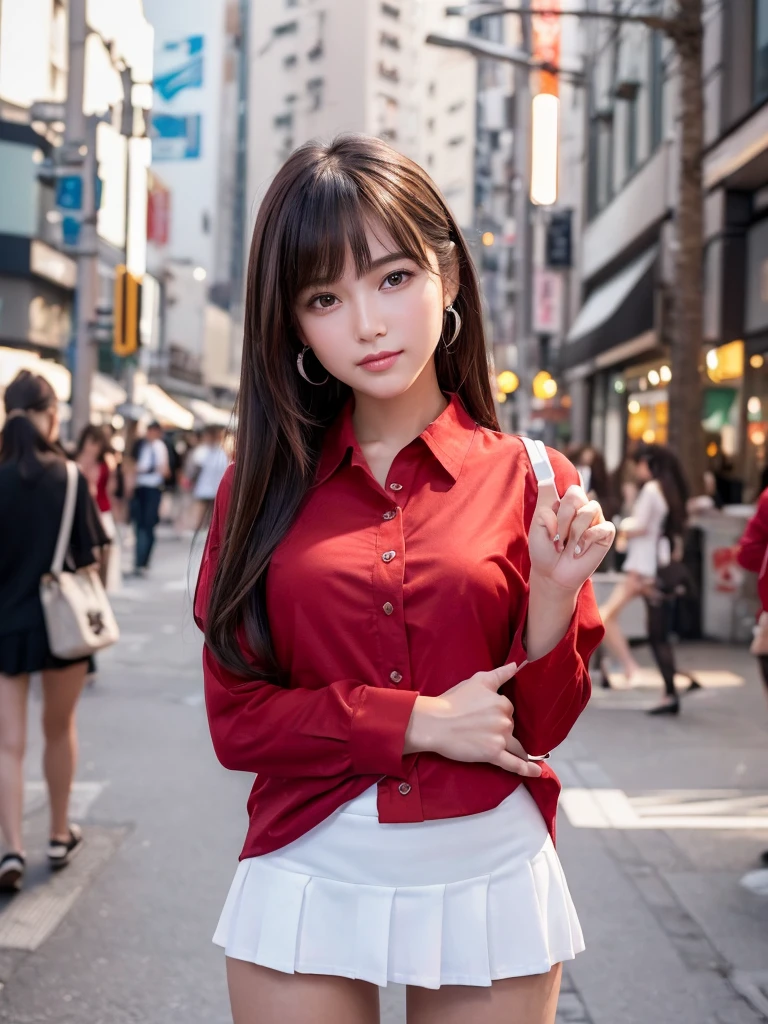 Product quality,1 girl,Cowboy Shot,Front view,(Thigh Emphasis:1.6),Young and sexy Japanese girl,20-year-old,Harajuku,(Crowded street:1.4),Snazzy,((Red Shirt:1.5)),wear,(Snazzyバッグ:1.3),Fashionable necklaces,Stylish earrings,((White Ultra Short Micro Mini Skirt:1.5)),wear,((Small Head,face:1.5))とてもかわいいface,赤ちゃんのface,Glossy Lips,Double eyelids on both eyes,(Natural Makeup),Small and cute nose,shiny smooth light brown long hair,,,,,Asymmetrical bangs,Center image,8k resolution,Attention to detail,Detailed hairstyle,詳細なface,Cinema Lighting,Octane Rendering,Ultra-realistic,Perfect limbs,(Detailed fingers:1.5),Beautiful legs,Voluptuous thighs,Huge breasts,Perfect Anatomy,(Model sexy pose:1.5)