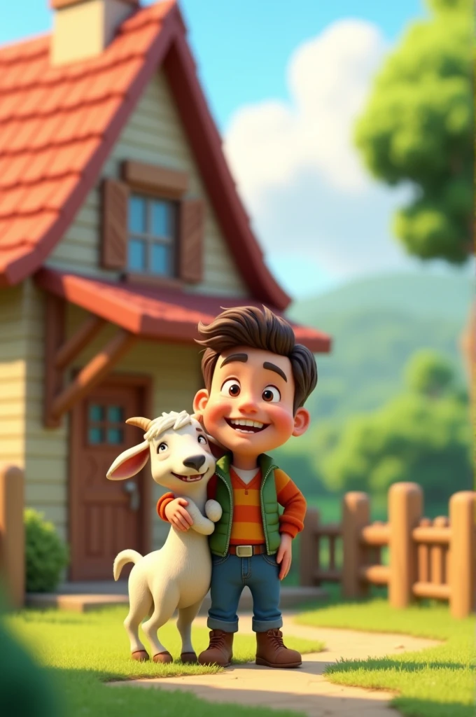 A house with some trees in the background and a man loving his goat in the front 3d cartoon images 1280×720