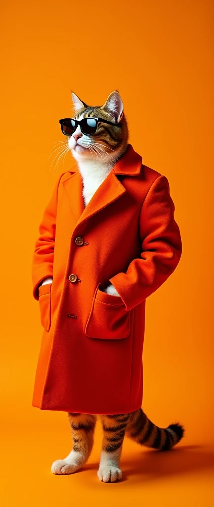 The best mobile wallpaper, Award winning wallpaper, portrait photography, In the front view there is a portrait of a cute cat dressed in 1960s mid-century space age clothing.., side view shot, shot with canon EOS R5, Establish a marked contrast that accentuates the subject., Fluorescent orange tone, Wearing a very modern coat and sunglasses is a modern 60s style.., Clothes all in one color., beautiful background