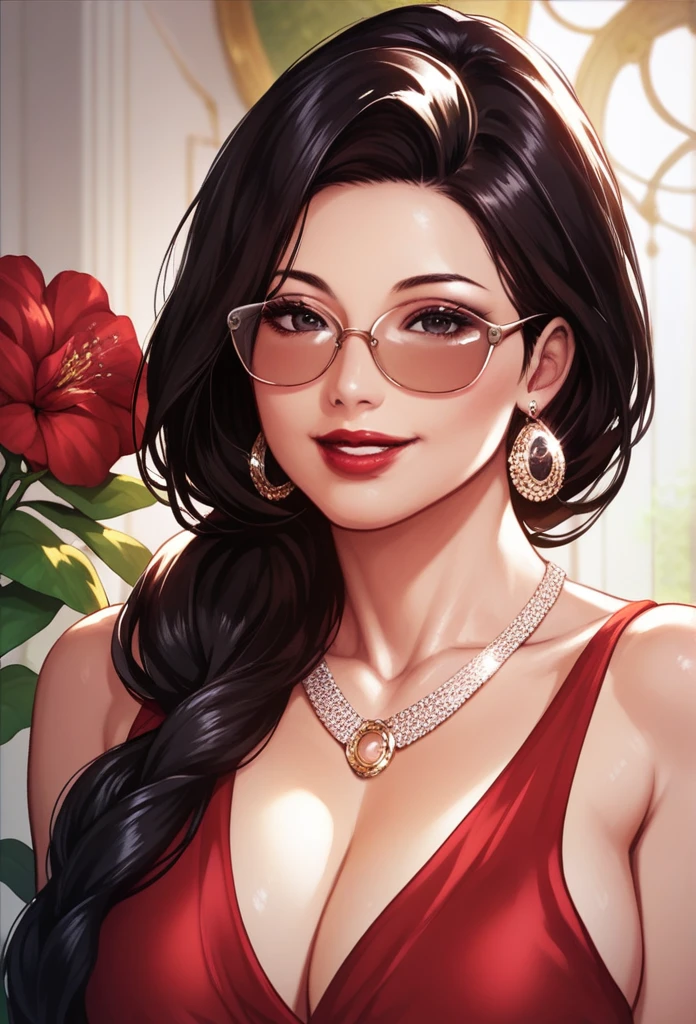 Hot sexy beautiful milf mom  , perfect body, detailed lips rings ,black  hair,black eyes, wearing white sun glasses , detailed , big chandelier earrings , alluring face, smiling, necklace , red lipstick ,hair ponytail ,red flowers brochure,red gown