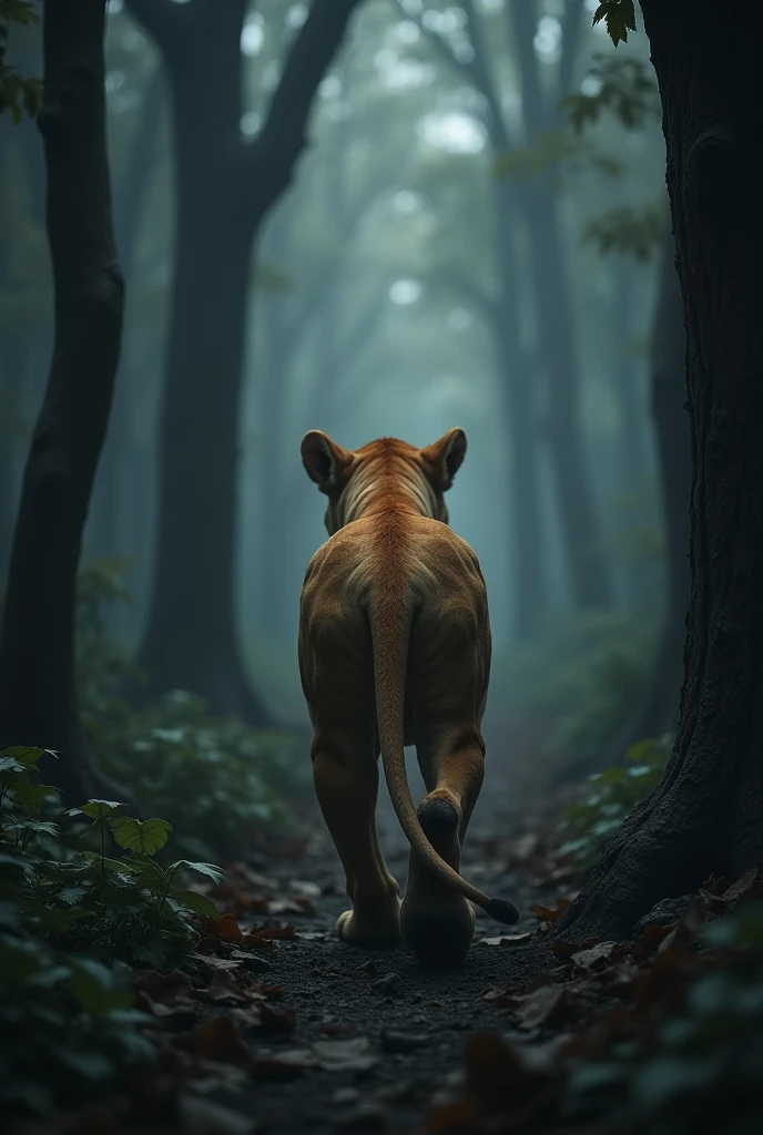  A strong and motivated and dangerous lonely lion looking for someone in a dark forest . Make the lion small in size. Show his backMake everything  black and gray