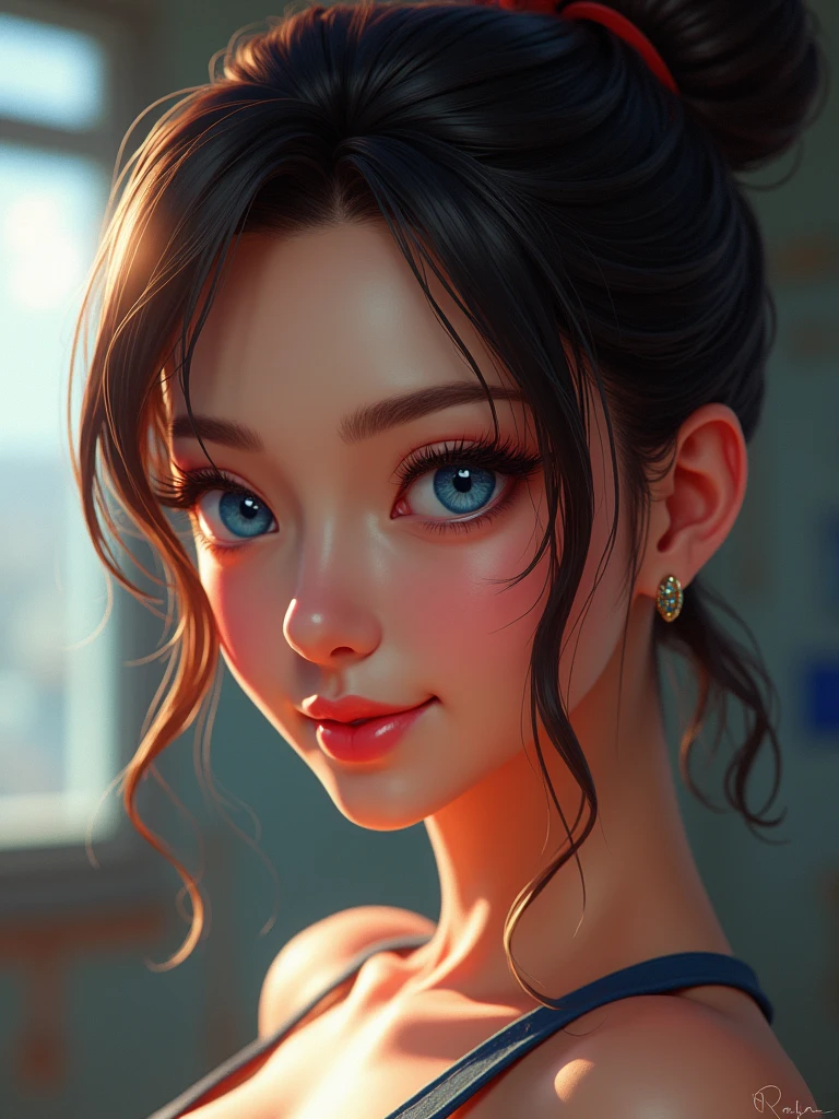 chun-li from street fighter detailed beauty portrait, friendly smile, brushed cheeks, look at the camera, shining blue eyes, voluptous lips, delicated facial traits, detailed 4k, realistic stylish artstyle