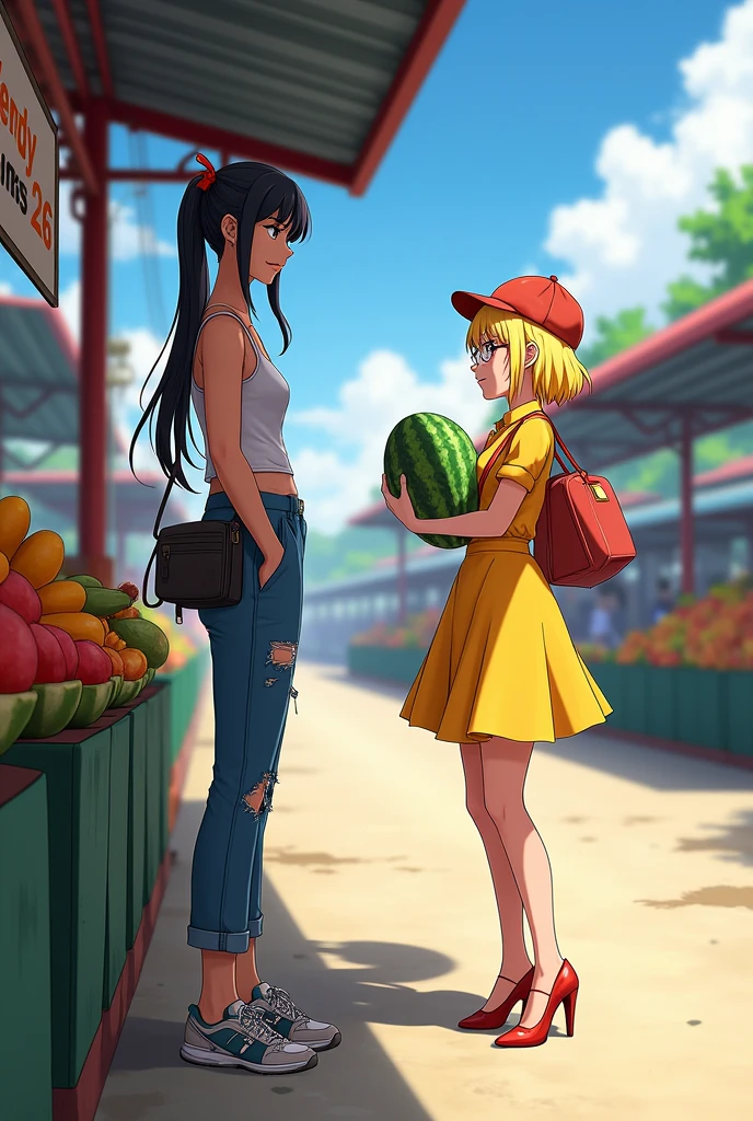 A tall white girl with thick lips, black hair with red tied up at a fruit stand on the road with more fruit stands, a short bag and torn pants and sports shoes, a fruit set on the sign says Wendy and below it says kilometers 26 and she is serving a customer with a sunflower dress and red heels holding a watermelon and carrying a bag, yellow hair and glasses and she is a beanie