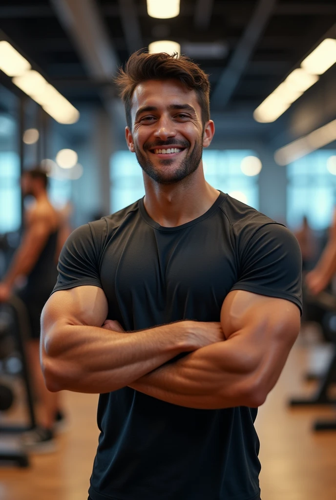 A muscular young man with Spanish features is standing in a gym in Seville, Spain, smiling confidently. He has short, dark brown hair, deep black eyes, and tanned skin. He is wearing a very tight-fitting athletic t-shirt that highlights his extremely well-defined and large muscles. The setting is a lively gym environment with other people working out, adding to the energetic and social atmosphere. The gym features modern equipment, large mirrors, and bright lighting that accentuates the young man's smiling expression and impressive physique. The image should be ultra-realistic, capturing the dynamic and intense atmosphere of a workout session in Seville.