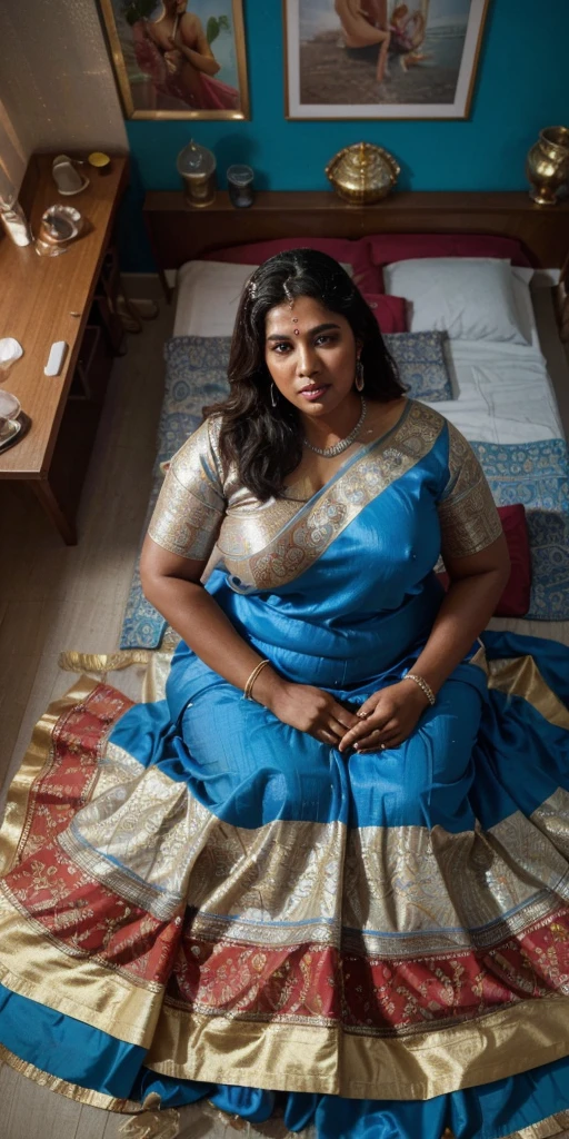 Day scene, full body photo of a plus sized 45 year old indian with a man from top view, (Masterpiece, Best Quality, High Resolution), office Background, (??? Splash on her ??????? and ???????, ??? Splash on her face, Splash of ???, ??? Splash on her blouse, ??? Splash on her eys), Sweet 25 year old South indian women sitting on her knees in a crowded party hall with a man, hour glass body red lips, silver colour silky gown, lightly makeup,ultra realistic, realistic, look at viewer (cinematic:1.3), intricate details,
