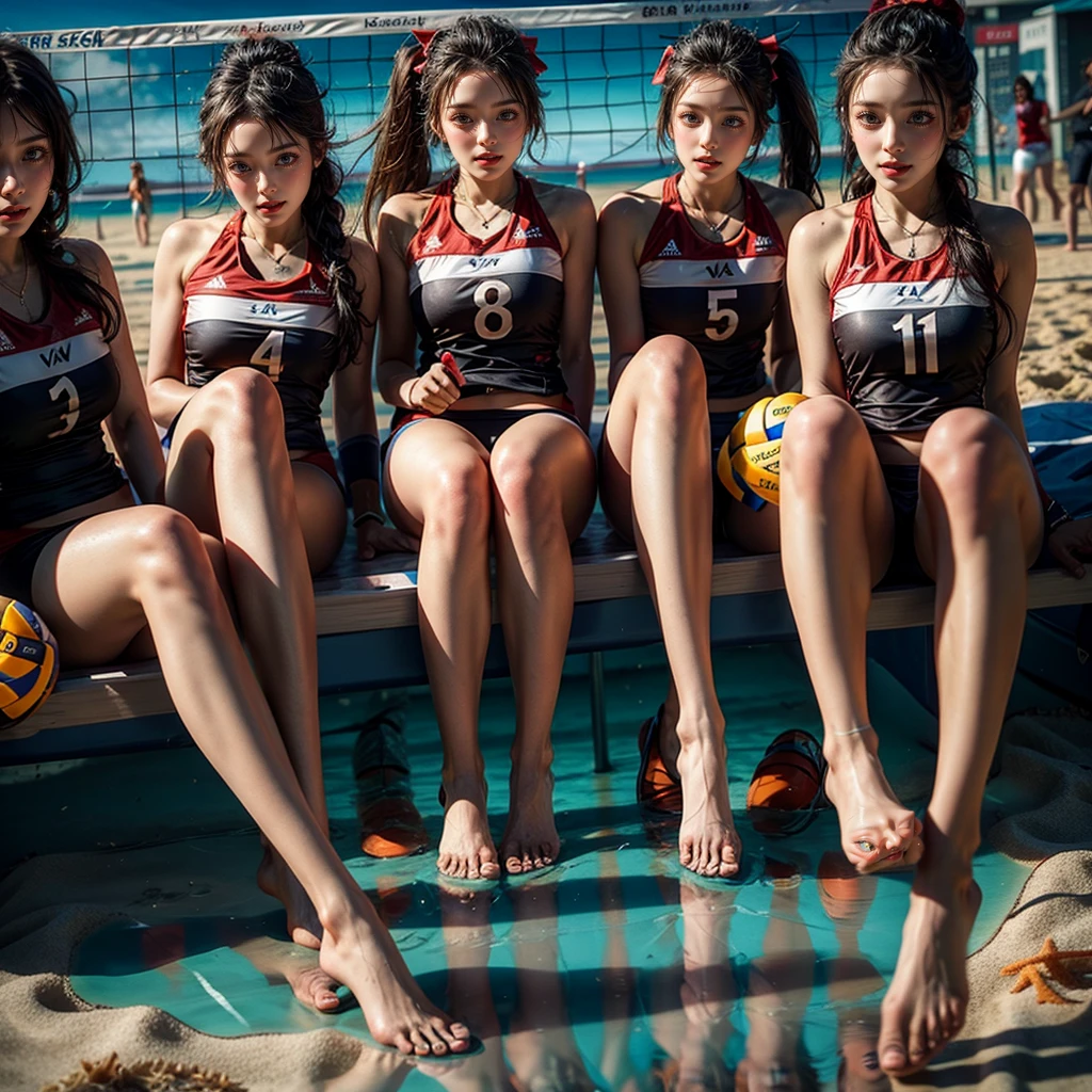 ExtremelyDetailed (((Beach Volleyball Team Kawaii Kids in a row:1.4))), Childish perfect face, Reflective Eyes, Detailed(Delicate Clothing textures), Corrected Leg to Foot Line, Corrected Perfect Hand, Dynamic Joyful Expressions LifeLike Rendering, ((Specular Reflection:1.28)), TopQuality 8K Ultra-detailed masterpiece (ProfessionalPhoto:1.37)(Acutance:0.8),(Luminism:1.22),
