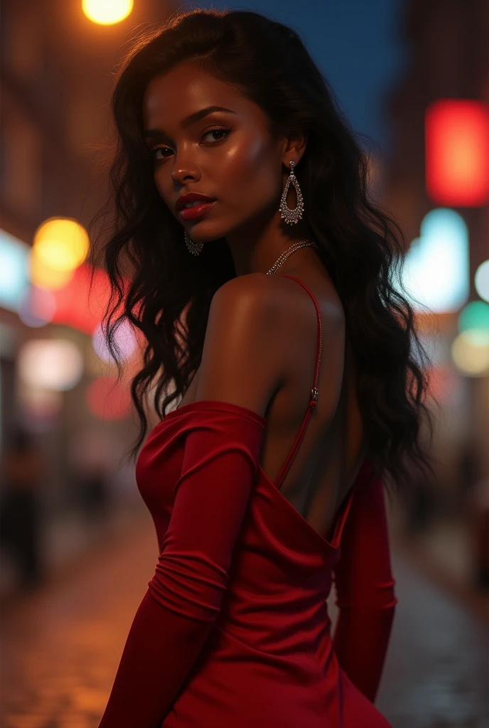 RAW, Best quality, high resolution, work: 1.3), Beautiful black woman (iu:0.8),8K, Masterpiece, RAW photo, Best quality, detail:1.2),Photorealistic, Extremely detailed Cg Unity 8K wallpapers, Depth of field, street light, Lens flare, Ray tracing, (Extremely beautiful face, Beautiful lips, Beautiful eyes), intricate detail face, ((ultra detailed skin)) 1 girl In a dark street, deepshadow, Pretty malay girl,(Very slim and slender muscular body:1.3), ((view the viewer)),(Big smile), big breast, (bodycon minidress),(red dress), (Injection sleeve) , (City Night, (street light), (Night), Pretty malay girl, red heels Earrings, bangle, necklace, Pantyhose, Clear eyes, Walking , (brown skin), Face forward, (Big eyes), ((full body shots)), tightly dress, Silk red dress , Turn Back, Back shot, Very slim, slander
