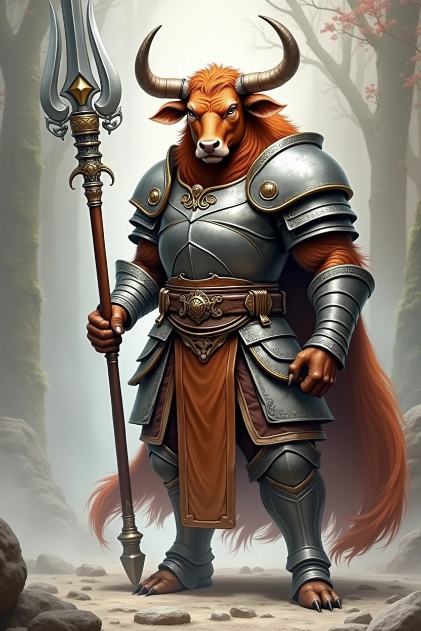 Minotaur in Greek mythology，Wearing silver cleric armor，Inspired by the Classic of Mountains and Seas，cow head，cow horn，armor，Long-handled weapon，silver shiny spear，ginger fur, Anthropomorphic paladin cow，Traditional Chinese concept art