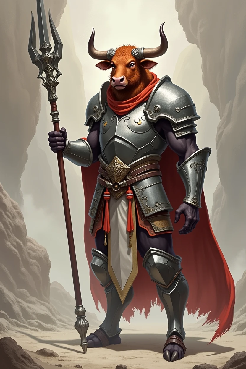Minotaur in Greek mythology,Wearing silver cleric armor,Inspired by the Classic of Mountains and Seas,cow head,cow horn,armor,Long-handled weapon,silver shiny spear,ginger fur, Anthropomorphic paladin cow,Traditional Chinese concept art