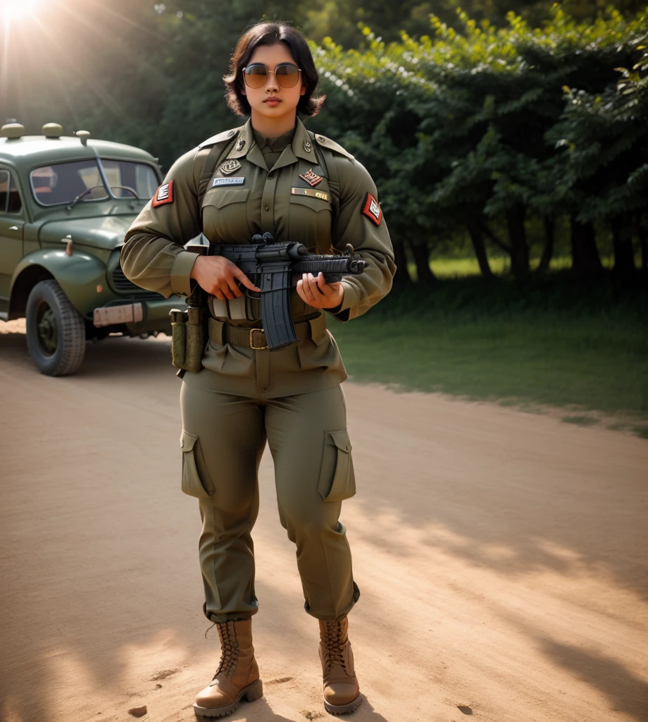 Realistic Malay cute girl holding a automatic rifle and aiming to shoot , fair and glossy skin, muscular body, Blackhair, Sun glasses, wearing military uniform, with a battlefield background, in 1942s