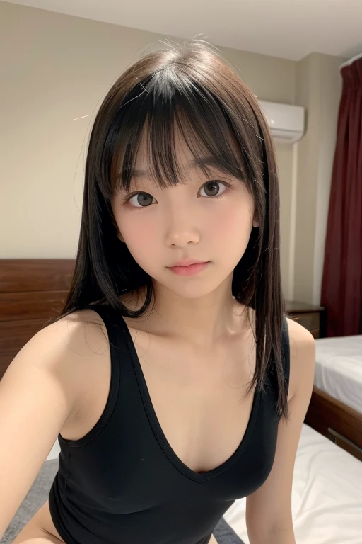 ,Middle schoobangs,ponytail,Straight hair,Dark Eyes,thin足,thin,Small face,Young Face,Clean your eye,Small Mouth,thin,Young Face,Flat Chest,Flat Chest,Flat Chest,Small breasts,Small breasts,Small breasts,Small breasts,Realistic photos,4K,Please open your mouth a little,Ultra HD,whole body,Pure girl,whole body,,close ~ eye,8 heads,Low - Angle,Bedroom,On the bed,lie,,In underwear,