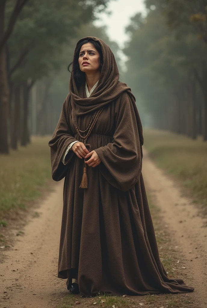 Woman wearing a robe in the olden days crying on the roadside