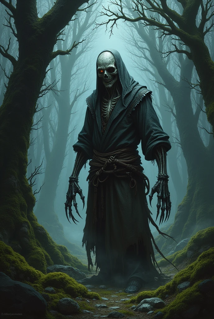 Undead blacksmith with metal claws from the middle ages in a forest