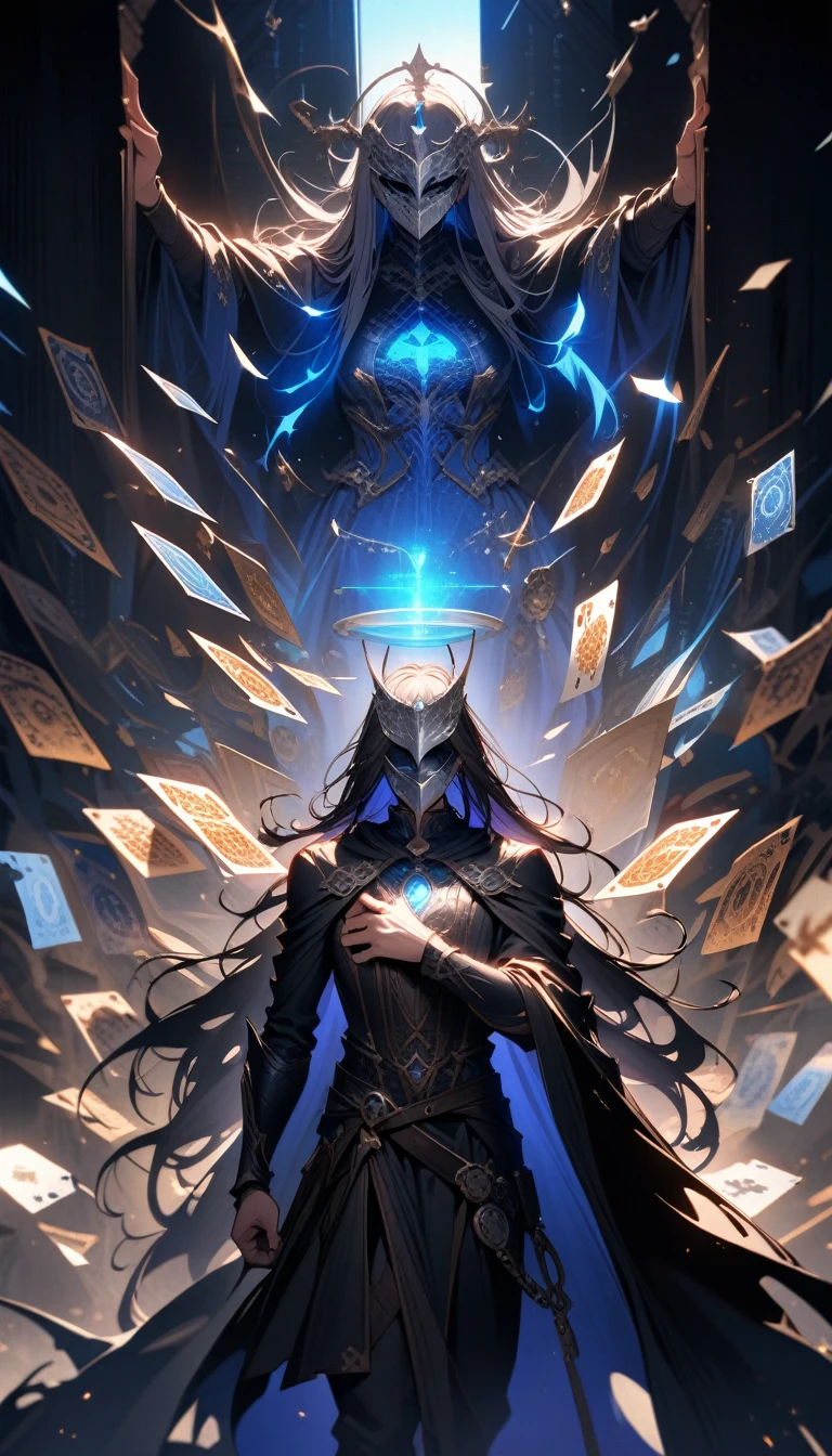 ((best quality)) , ((masterpiece)) , (detailed),A card game character with a black cape and silver mask is doing magic in the air, surrounded by blue light and golden cards flying around him. He has dark long hair on his head in a fantasy style. The background of an illustration shows swirling magical energy. The words "Blue ATM" appear above the character's chest, giving it importance as if part of their identity or title. In front, there is a big text written "ATM" in a simple style.