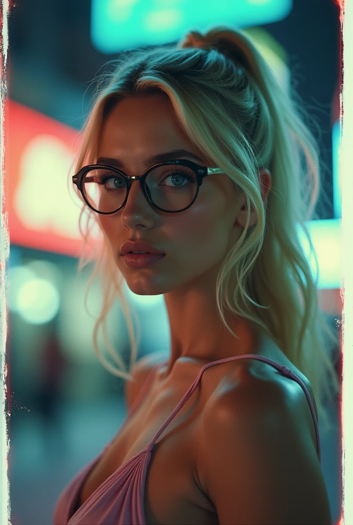 Expired Polaroid of a girl with light blonde hair , round face and blue eyes in a night city , camera flash, futuristic, romantic, jewel tones, motion blur, night, out of focus and blurred, glasses, huge breasts, ISO 100