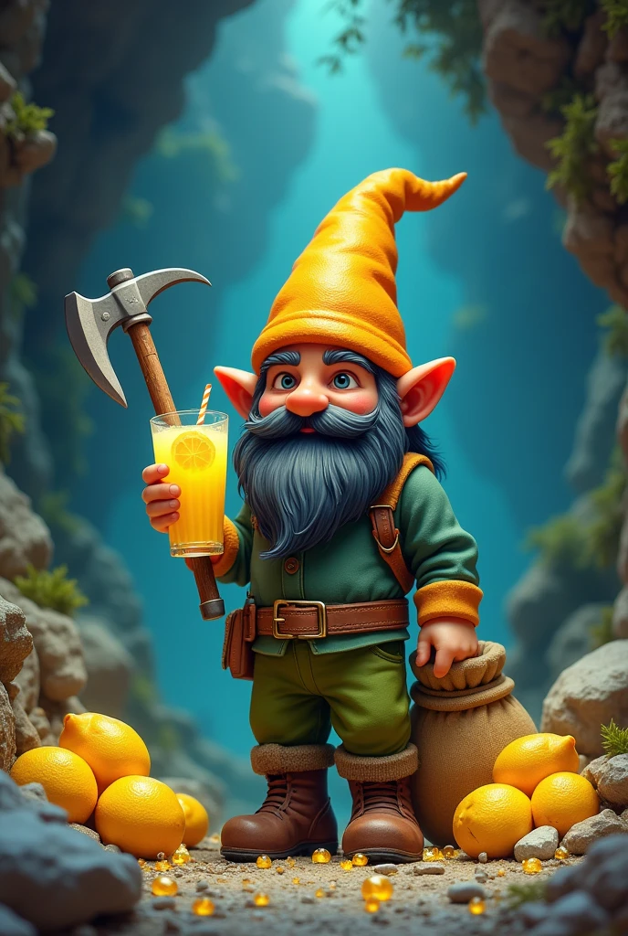 gnome with green pants, shirt blue, orange hat brown boots and belt holding pickaxe and glass of lemonade a slice of lemon inside the glass straw in the glass shiny gemstones around cart full of citrine quartz bag full of citrine quartz and lemons crystal cave environment add a black beard and human features to the gnome swap the axe for a pickaxe