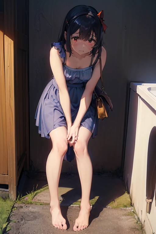 (1 girl, Peeをしなければなりません, Pee herself, Pee, Pee self, Are crying, とてもPeeがしたくて仕方ない), (Peeをしなければなりません, Peeをしなければなりません, Pee, Pee self, Pee, Pee self:1.3), (Girls queuing for the toilet, Maxi Dresses, Long skirt, 1 handbag, Peeをしなければなりません, Full coverage of the crotch area, Knees together and feet apart:2), (Place your hands between your legs, Leaning forward:1.3), (Shadowy Face, Desperate, anxiety, Haa, The whole face turns red, Embarrassing, avert your eyes:1.5), (girls can'Stand Upright:1.5), (whole body:1.2), (Highly detailed face, Highest quality:2), (From the side:1.1), Mouth slightly open, Natural Makeup