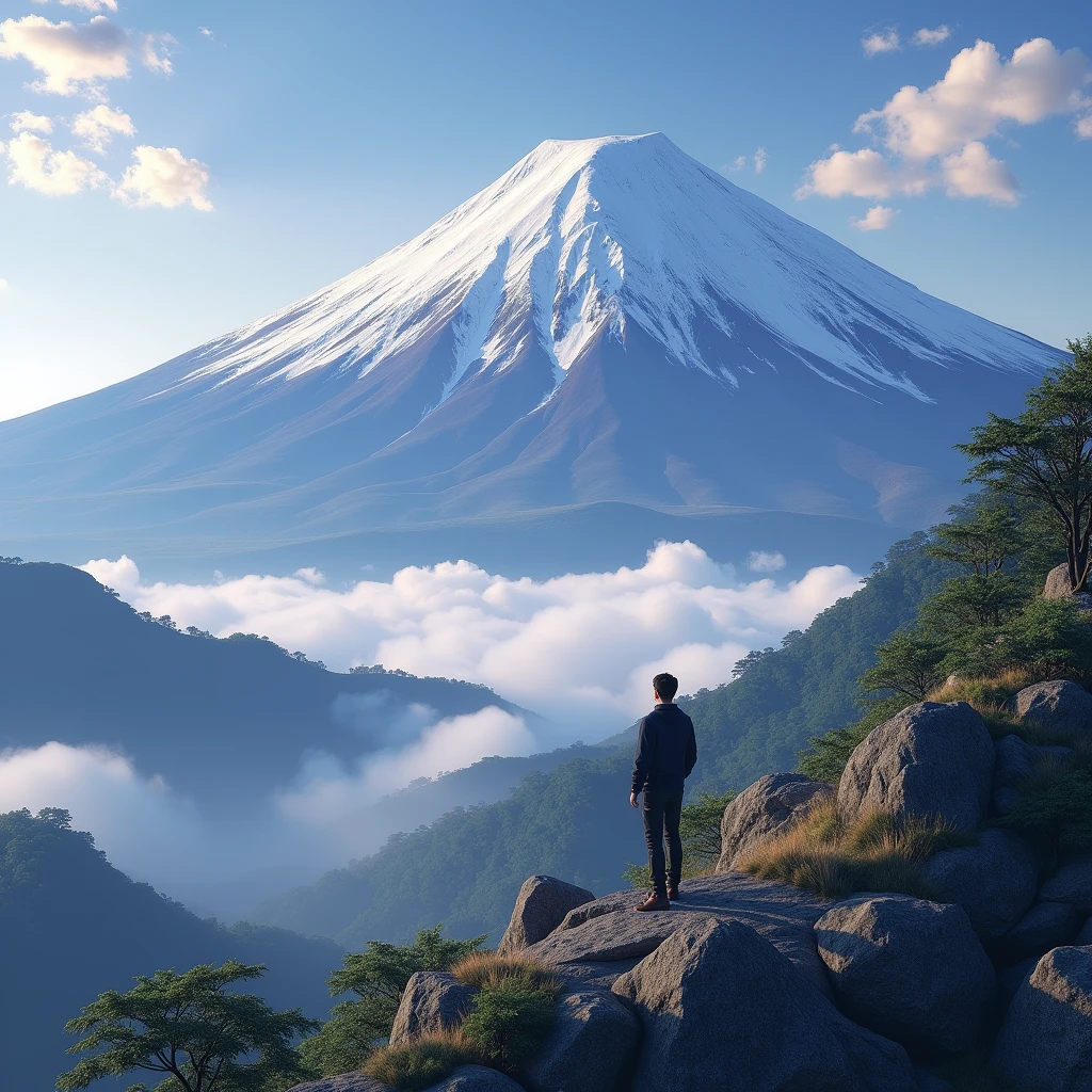 Fuji Mountain, Honshu, (figure: 1.0), A magnificent composition, Realistic lighting, High-resolution details, masterpiece, Highest quality, (Highly detailed CG synthesis 8k wallpaper), 1 person
