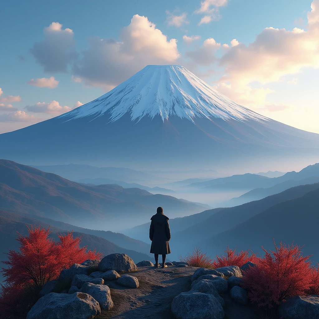 Fuji Mountain, Honshu, (figure: 1.0), A magnificent composition, Realistic lighting, High-resolution details, masterpiece, Highest quality, (Highly detailed CG synthesis 8k wallpaper), 1 person