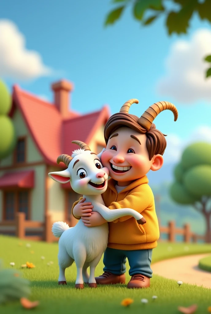 A house with some trees in the background and a man loving his goat in the front 3d cartoon images YouTube thumbnail size