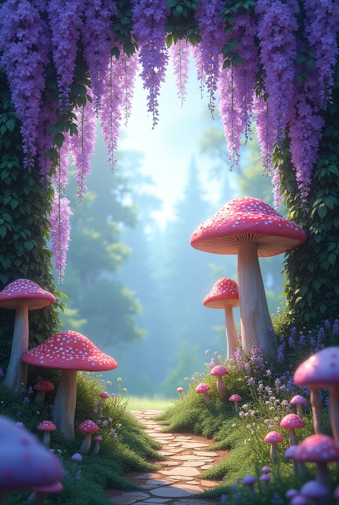 A virtual 15th birthday invitation with a secret garden theme featuring Wisteria flowers with no one around, with giant mushrooms and mysteries