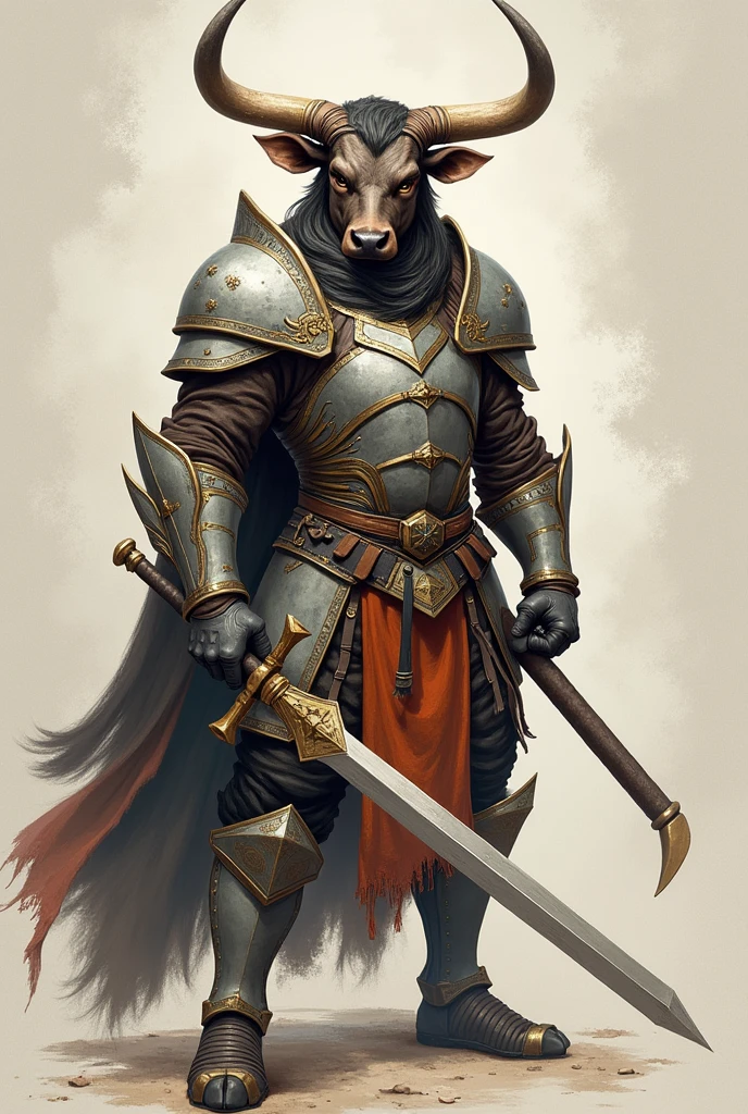 Minotaur in Greek mythology,Wearing silver and simple cleric armor,Inspired by the Classic of Mountains and Seas,cow head,cow horn,armor,silver shiny simple sword,ginger fur, Anthropomorphic paladin cow,Traditional Chinese concept art