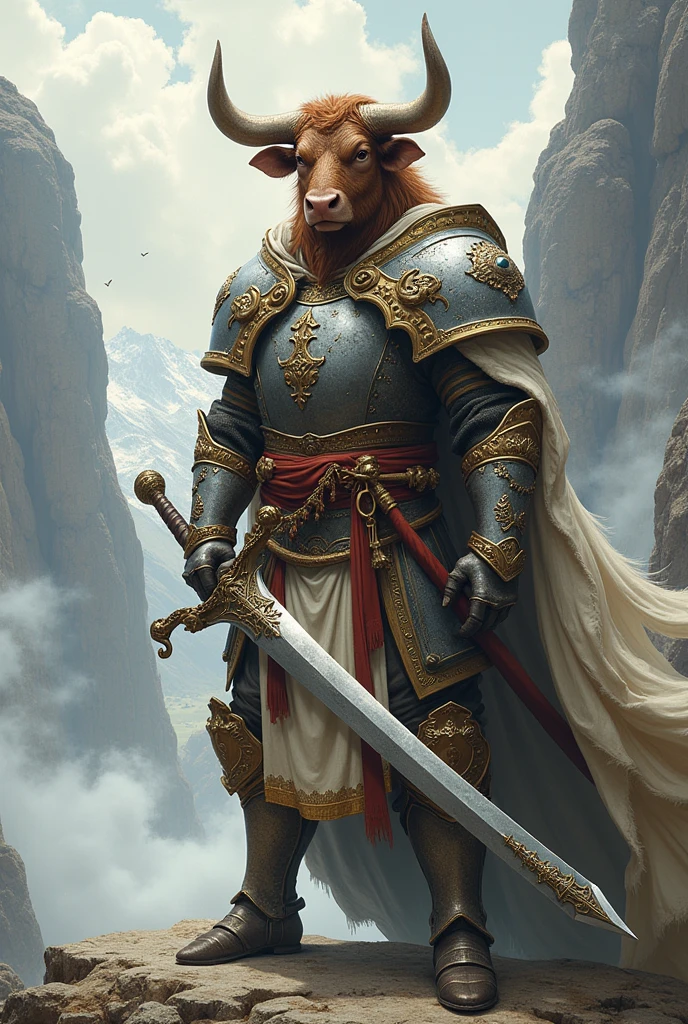 Minotaur in Greek mythology，Wearing silver and simple cleric armor，Inspired by the Classic of Mountains and Seas，cow head，cow horn，armor，silver shiny simple sword，ginger fur, Anthropomorphic paladin cow，Traditional Chinese concept art