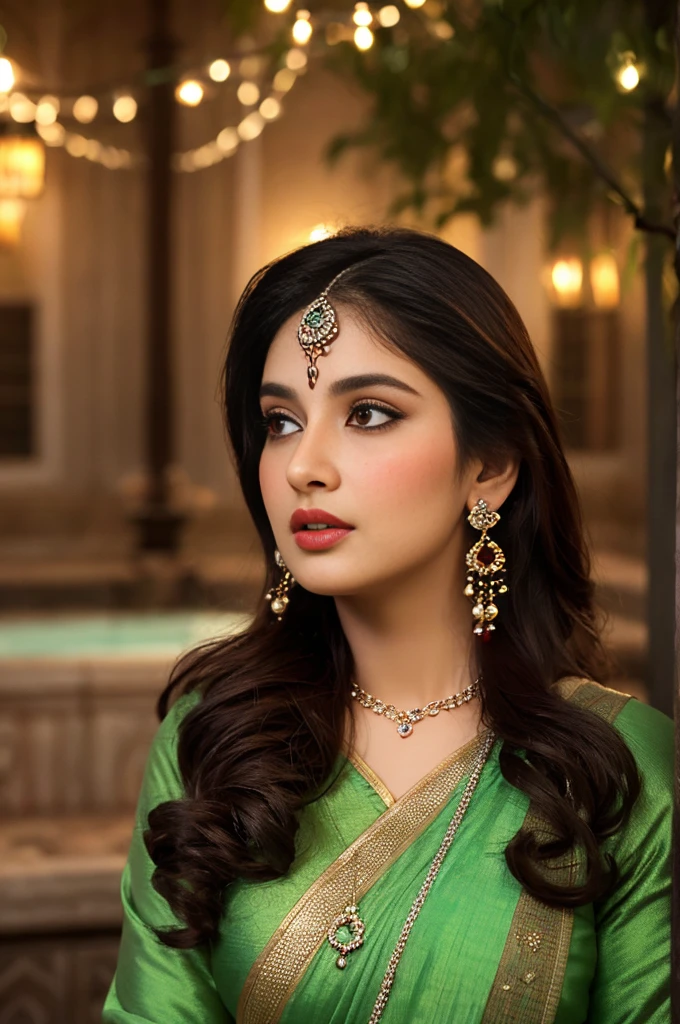A milky pretty beautiful muslim pakistani sajal ali is in the open courtyard, her beauty accentuated by the glow of chandelier lights in night time. she is in deep thoughts & lost in her own dream.Adorned in a red her long black silky hair delicately frames her angelic face. Her eyes are green in colour.she is wearing silver oxidised jhumka earrings and chain