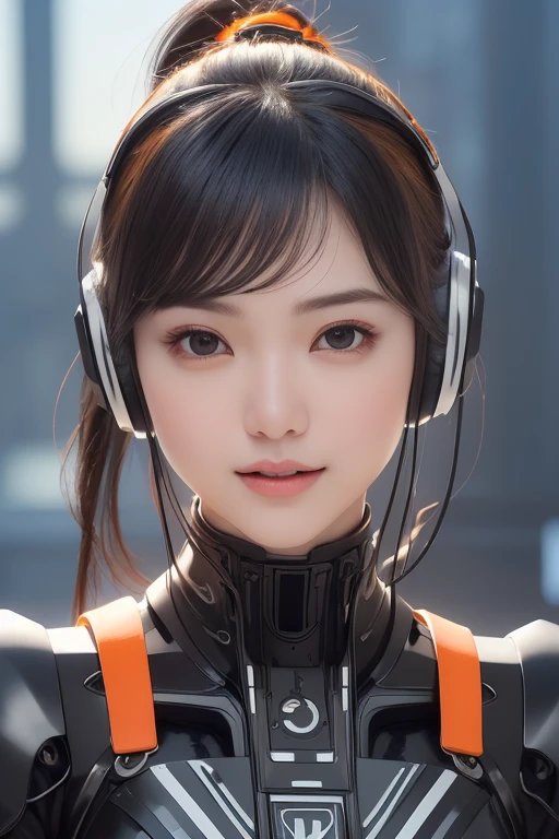 Top Quality, Masterpiece, Ultra High Resolution, (Photorealistic: 1.4), Raw Photo, 1 Girl, Black Hair, Glossy Skin, 1 Mechanical Girl, (((Ultra Realistic Details)), Portrait, Global Illumination, Shadows, Octane Rendering, 8K, Ultra Sharp, Intricate Ornaments Details, realistic skin, sweat effect, ((wearing Headphone)), very intricate detail, realistic light, CGSoation trend, brown eyes, glowing eyes, matte black and glossy orange mechanical bodysuit, Long hair, black hair, Ponytail hair, Half body shot, spaceship bridge background, dynamic pose, cute smile, close up, Open Mouth, facing audience