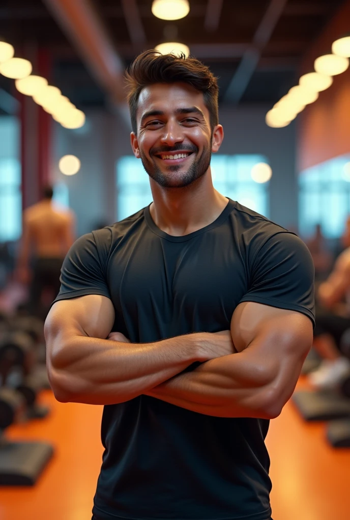 A muscular young man with Spanish features is standing in a gym in Seville, Spain, smiling confidently. He has short, dark brown hair, deep black eyes, and tanned skin. He is wearing a very tight-fitting athletic t-shirt that highlights his extremely well-defined and large muscles. The setting is a lively gym environment with other people working out, adding to the energetic and social atmosphere. The gym features modern equipment, large mirrors, and bright lighting that accentuates the young man's smiling expression and impressive physique. The image should be ultra-realistic, capturing the dynamic and intense atmosphere of a workout session in Seville.