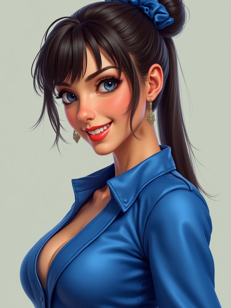 chun-li from street fighter detailed beauty portrait, wearing blue, mature woman, friendly smile, brushed cheeks, look at the camera, shining blue eyes, voluptous lips, delicated facial traits, detailed 4k, realistic portrait, ultra quality, sfw