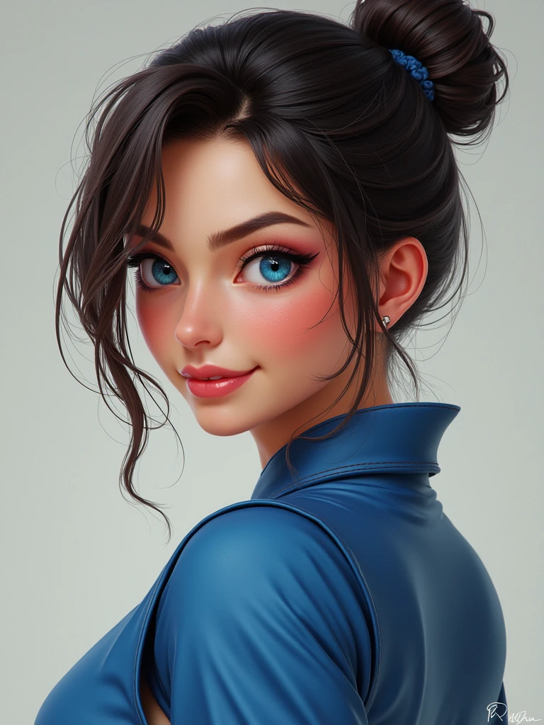 chun-li from street fighter detailed beauty portrait, wearing blue, mature woman, friendly smile, brushed cheeks, look at the camera, shining blue eyes, voluptous lips, delicated facial traits, detailed 4k, realistic portrait, ultra quality, sfw