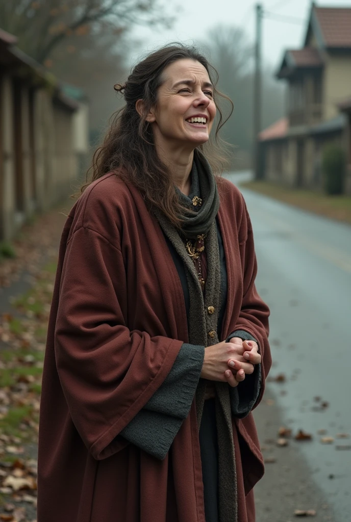 Woman wearing a robe in the olden days crying bitterly on the roadside