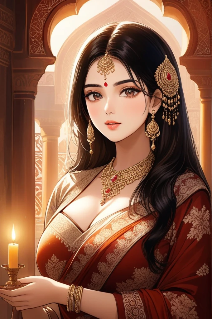 (best quality,highres,realistic:1.37)a beautiful indian lady with a regal and elegant demeanor,detailed digital art portrait,princesscore,realistic historical fiction,captivating detailed eyes and luscious lips,fierce and confident expression,ornate historical attire with richly embroidered silk saree,cascading dark wavy hair,glittering gold jewelry adorning her,opulent palace architecture in the background,intricate hand gestures conveying grace,soft candlelight illuminating her face,delicate facial features and glowing dusky complexion,meticulous attention to textures and colors,expressive eyes that emanate a sense of longing and inner strength,royal poise and graceful stance,traditional henna patterns decorating her hands and feet,ethereal beauty with a touch of fantasy,impressive digital brushwork,rich cultural heritage blended with contemporary techniques,pristine skin complexion and gorgeous traditional makeup,vibrant color palette with dark amber tones,evocative and captivating artwork that tells a story,historical accuracy combined with artistic imagination,detailed architectural elements and intricate ornamental designs in the background,deep emotional connection and sense of wonder, saggy breasts