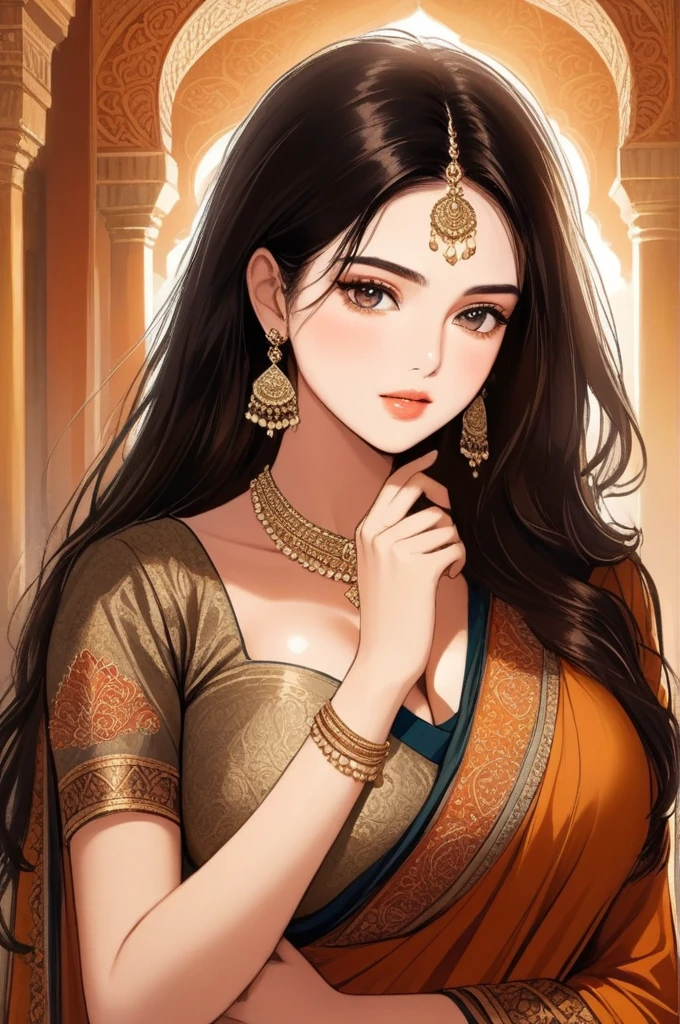 (best quality,highres,realistic:1.37)a beautiful indian lady with a regal and elegant demeanor,detailed digital art portrait,princesscore,realistic historical fiction,captivating detailed eyes and luscious lips,fierce and confident expression,ornate historical attire with richly embroidered silk saree,cascading dark wavy hair,glittering gold jewelry adorning her,opulent palace architecture in the background,intricate hand gestures conveying grace,soft candlelight illuminating her face,delicate facial features and glowing dusky complexion,meticulous attention to textures and colors,expressive eyes that emanate a sense of longing and inner strength,royal poise and graceful stance,traditional henna patterns decorating her hands and feet,ethereal beauty with a touch of fantasy,impressive digital brushwork,rich cultural heritage blended with contemporary techniques,pristine skin complexion and gorgeous traditional makeup,vibrant color palette with dark amber tones,evocative and captivating artwork that tells a story,historical accuracy combined with artistic imagination,detailed architectural elements and intricate ornamental designs in the background,deep emotional connection and sense of wonder, saggy breasts