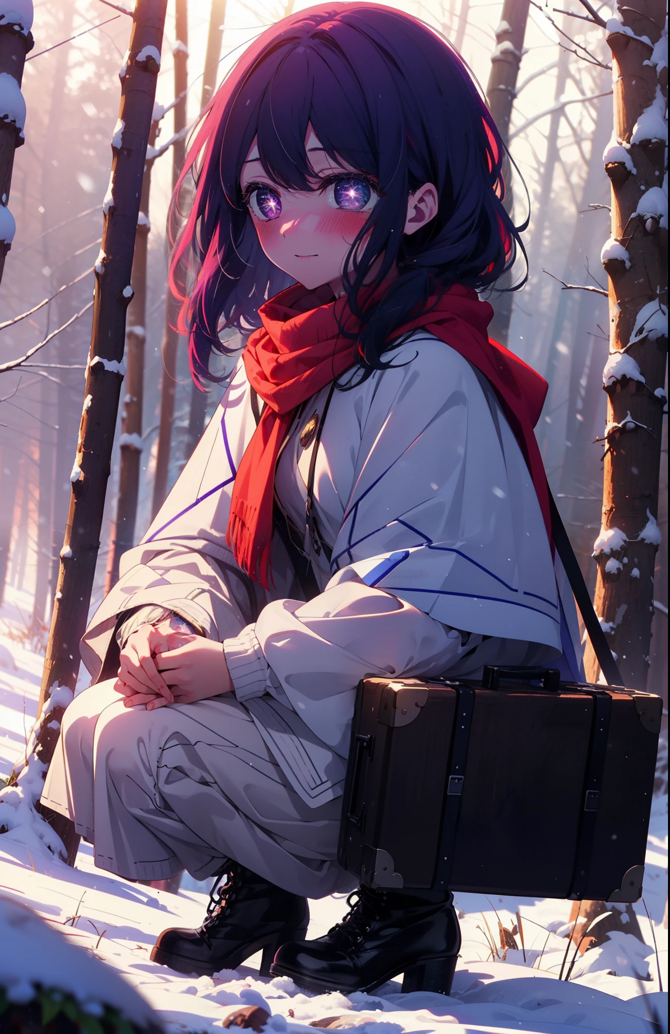 aihoshino, Ai Hoshino, Long Hair, bangs, (Purple eyes:1.1), Purple Hair, (Symbol-shaped pupil:1.5), smile,,smile,blush,white breath,
Open your mouth,snow,Ground bonfire, Outdoor, boots, snowing, From the side, wood, suitcase, Cape, Blurred, , forest, White handbag, nature, Squat, Mouth closed, Cape, winter, Written boundary depth, Black shoes, red Cape break looking at viewer, Upper Body, whole body, break Outdoor, forest, nature, break (masterpiece:1.2), Highest quality, High resolution, unity 8k wallpaper, (shape:0.8), (Beautiful and beautiful eyes:1.6), Highly detailed face, Perfect lighting, Extremely detailed CG, (Perfect hands, Perfect Anatomy),