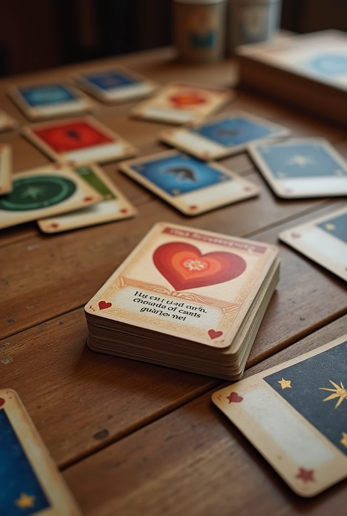 plentiful scattered cards game on table,  one of them with text "Heart of the cards, guide me!"