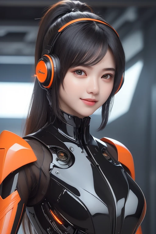 Top Quality, Masterpiece, Ultra High Resolution, (Photorealistic: 1.4), Raw Photo, 1 Girl, Black Hair, Glossy Skin, 1 Mechanical Girl, (((Ultra Realistic Details)), Portrait, Global Illumination, Shadows, Octane Rendering, 8K, Ultra Sharp, Intricate Ornaments Details, realistic skin, sweat effect, ((wearing Headphone)), very intricate detail, realistic light, CGSoation trend, brown eyes, glowing eyes, matte black and glossy orange mechanical bodysuit, Long hair, black hair, Ponytail hair, Half body shot, spaceship bridge background, dynamic pose, cute smile, close up, Open Mouth, facing audience