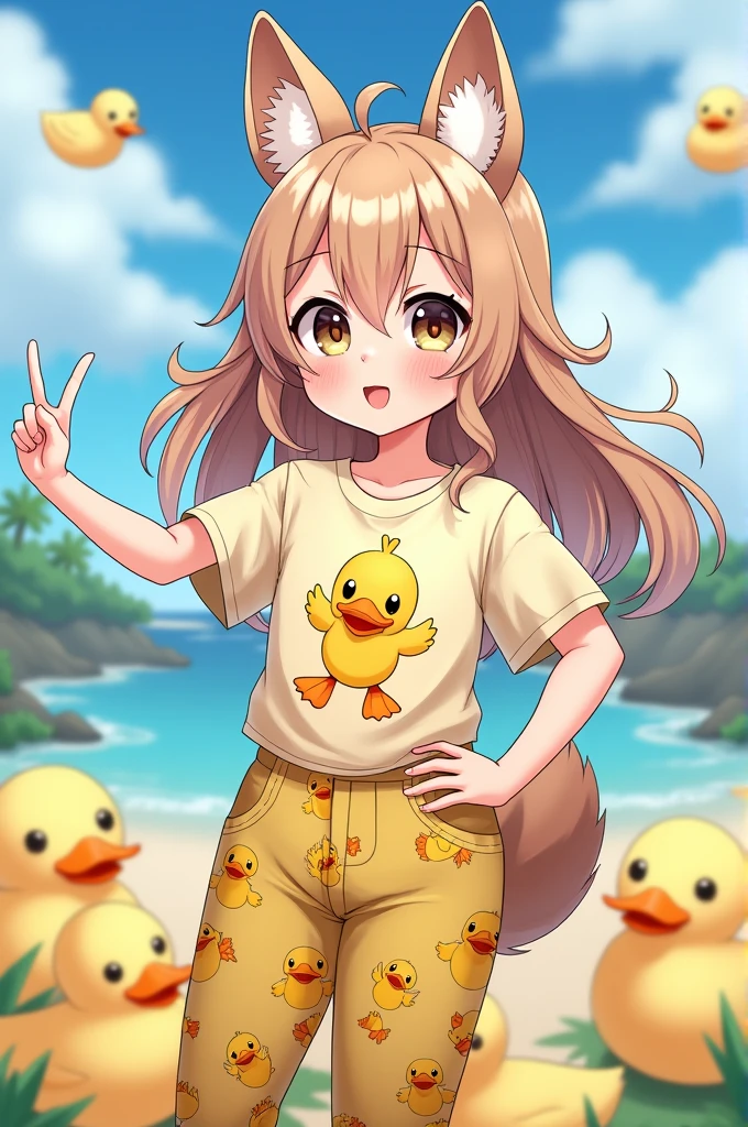 Make a anime girl with a duck t-shirt and a duck pants with long hair with a furry ears