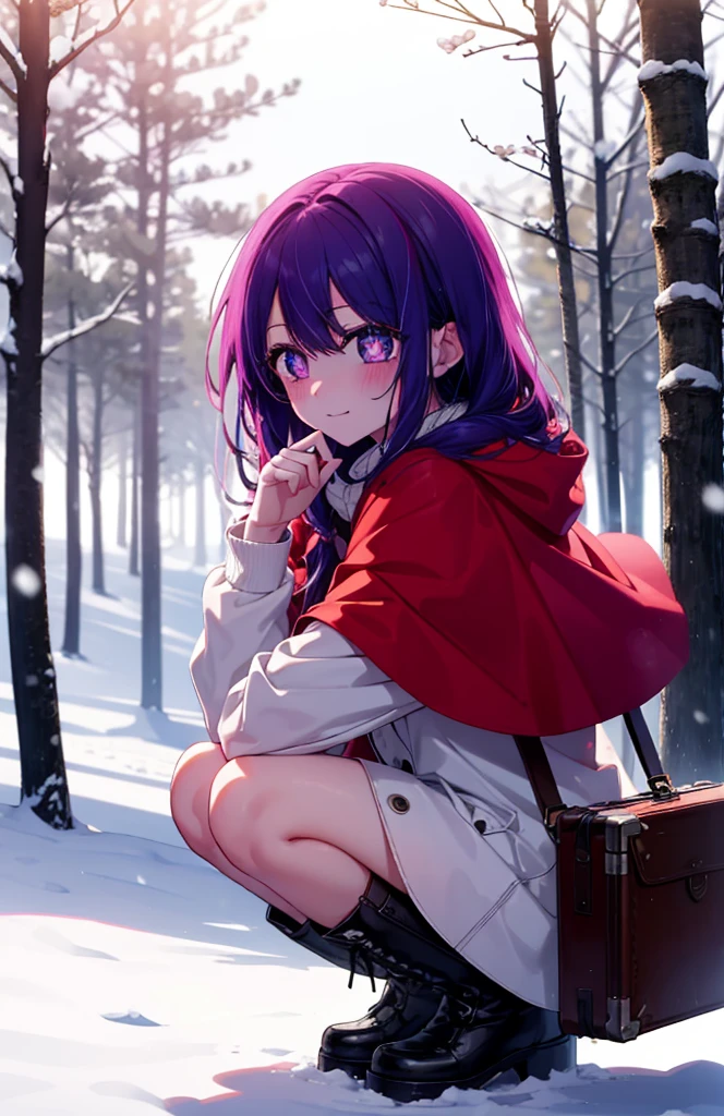 aihoshino, Ai Hoshino, Long Hair, bangs, (Purple eyes:1.1), Purple Hair, (Symbol-shaped pupil:1.5), smile,,smile,blush,white breath,
Open your mouth,snow,Ground bonfire, Outdoor, boots, snowing, From the side, wood, suitcase, Cape, Blurred, , forest, White handbag, nature, Squat, Mouth closed, Cape, winter, Written boundary depth, Black shoes, red Cape break looking at viewer, Upper Body, whole body, break Outdoor, forest, nature, break (masterpiece:1.2), Highest quality, High resolution, unity 8k wallpaper, (shape:0.8), (Beautiful and beautiful eyes:1.6), Highly detailed face, Perfect lighting, Extremely detailed CG, (Perfect hands, Perfect Anatomy),