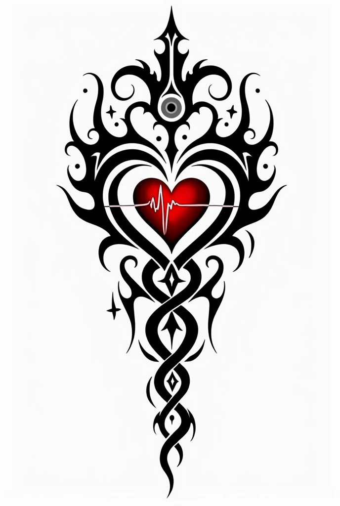 A tribal black and white tattoo idea with stethoscope, normal ecg wave and a red realistic heart all connected in one frame.