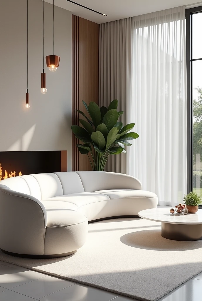 Professional 3d architecture rendering design of modern and minimal big curve  white velvet sofa and white marble slab stone middle table and  modern ceiling lighting and modern windows and beautiful curtains and white marble slab stone modern fireplace and modern green space and modern and elegant accessories and beautiful flowers in the middle table 