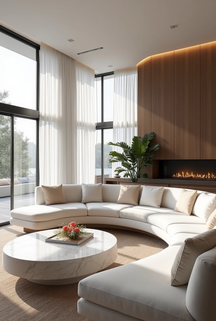 Professional 3d architecture rendering design of modern and minimal big curve  white velvet sofa and white marble slab stone middle table and  modern ceiling lighting and modern windows and beautiful curtains and white marble slab stone modern fireplace and modern green space and modern and elegant accessories and beautiful flowers in the middle table 